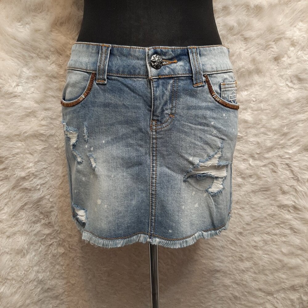Vintage Y2K Harley Davidson Woman's Blue Distress Mini Skirt Size: 2